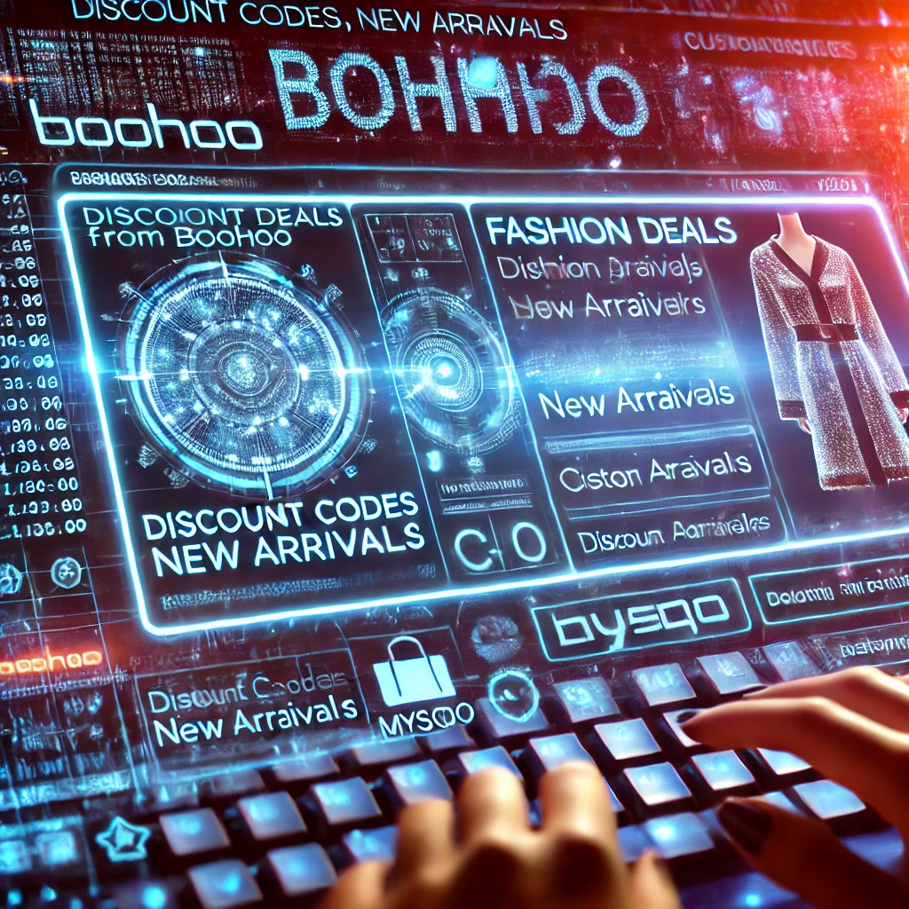 data scraping dashboard visualizing fashion deals from Boohoo using C and MySQL. The glowing interface displays discount codes new arri