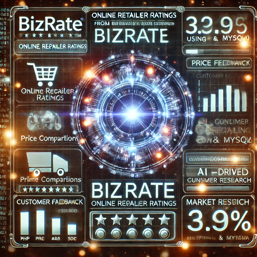 data scraping dashboard visualizing online retailer ratings from Bizrate.com using PHP and MySQL. The glowing interface displays customer