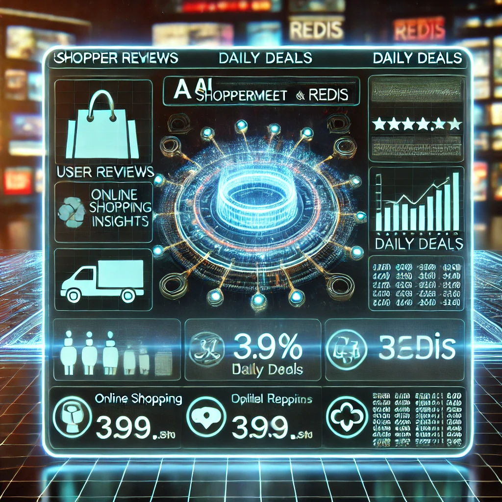 data scraping dashboard visualizing shopper insights from ShopperMeet.net using Python and Redis. The glowing interface displays user rev