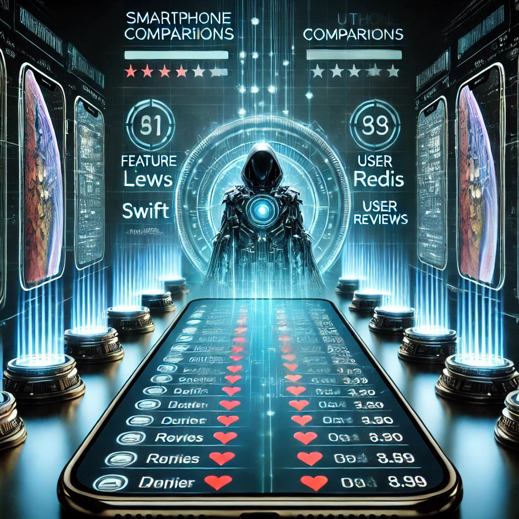 data scraping dashboard visualizing smartphone comparisons from Smartprix.com using Swift and Redis. The glowing interface displays featu
