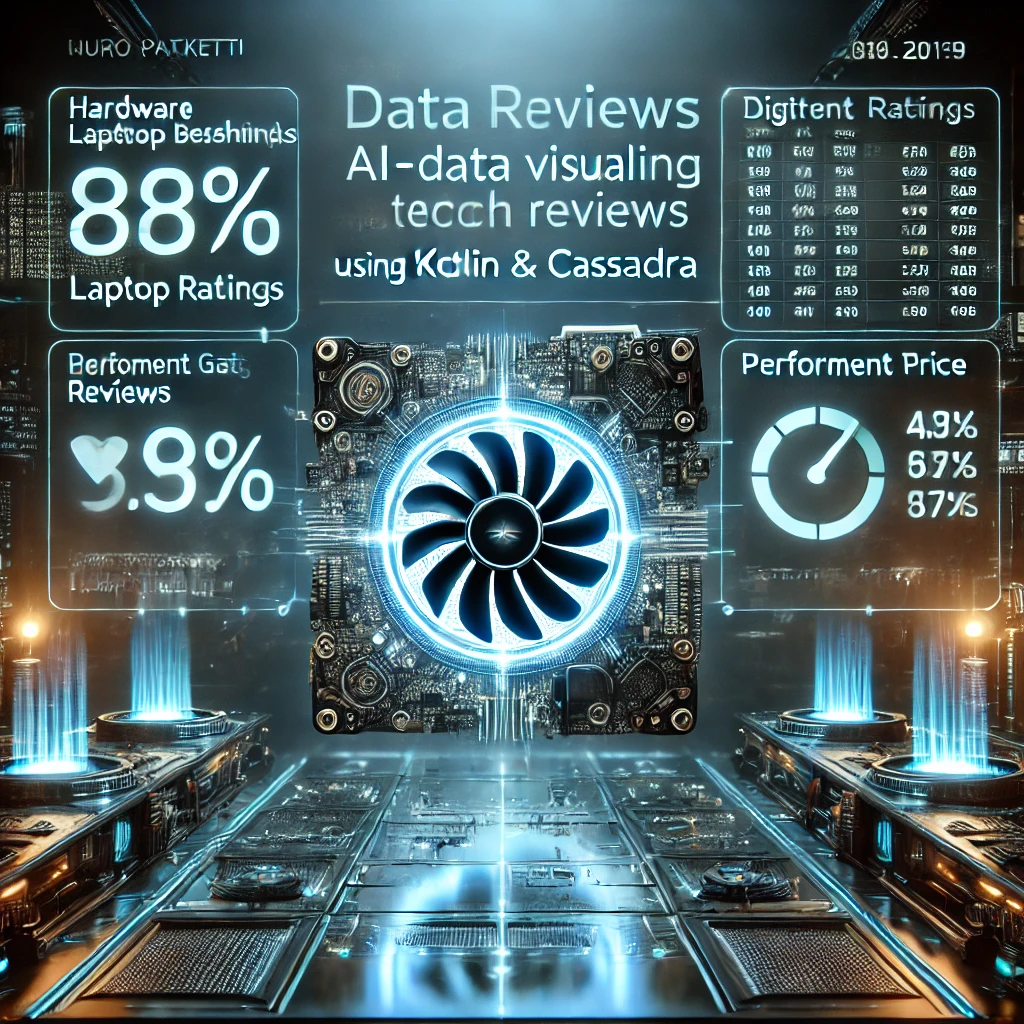data scraping dashboard visualizing tech reviews from Muropaketti.com using Kotlin and Cassandra. The glowing interface displays hardware