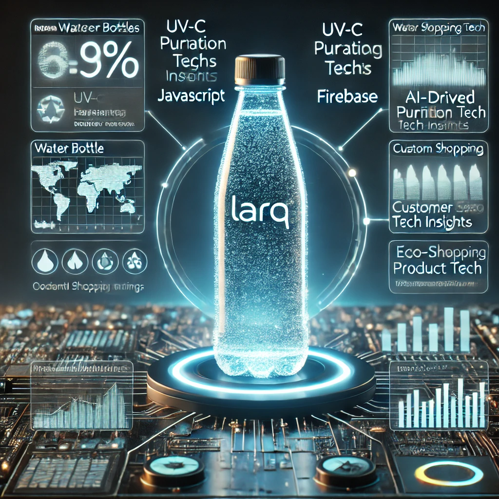 data scraping dashboard visualizing water bottle trends from Larq using JavaScript and Firebase. The glowing interface displays product f