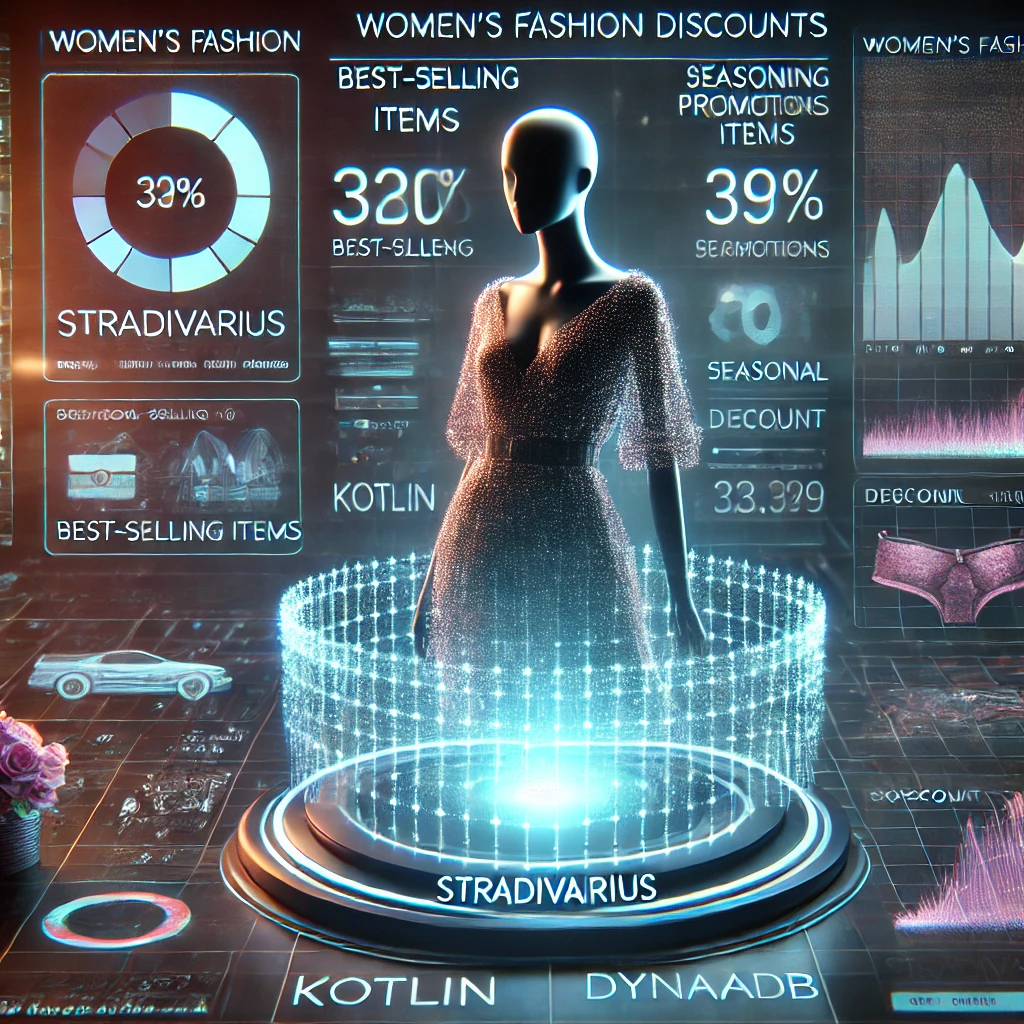 data tracking dashboard visualizing women's fashion discounts from Stradivarius using Kotlin and DynamoDB. The glowing interface displays