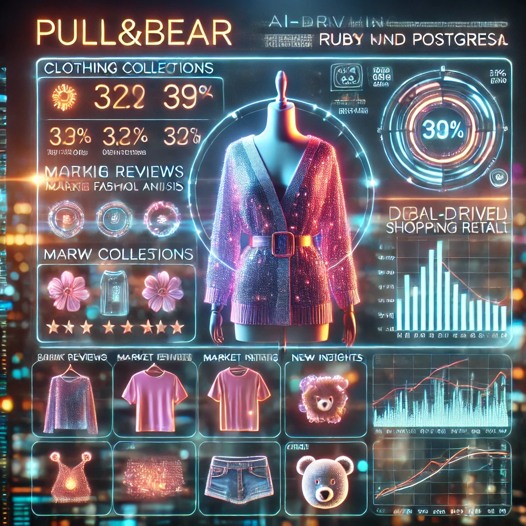 fashion analytics dashboard visualizing clothing prices and new collections from PullBear using Ruby and PostgreSQL. The glowing interfa
