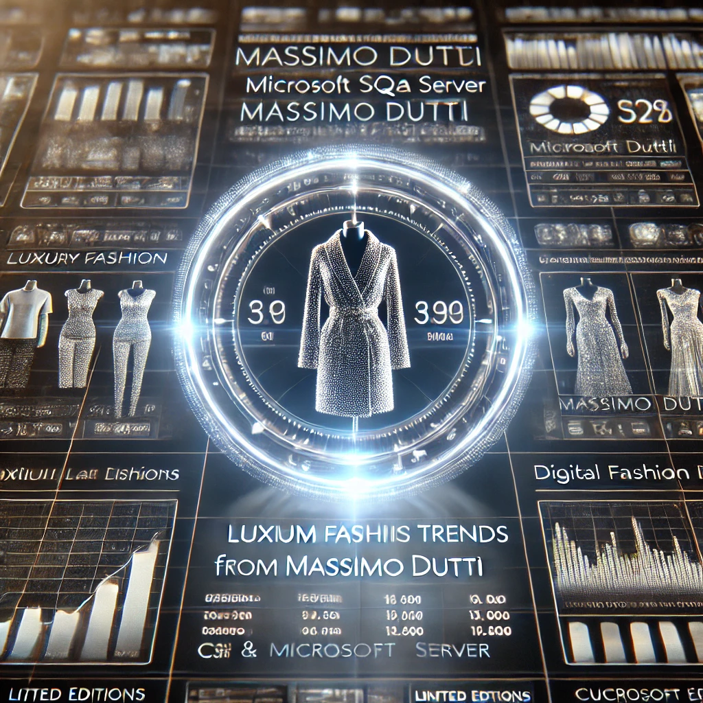 fashion analytics dashboard visualizing luxury apparel trends from Massimo Dutti using C# and Microsoft SQL Server. The glowing interface