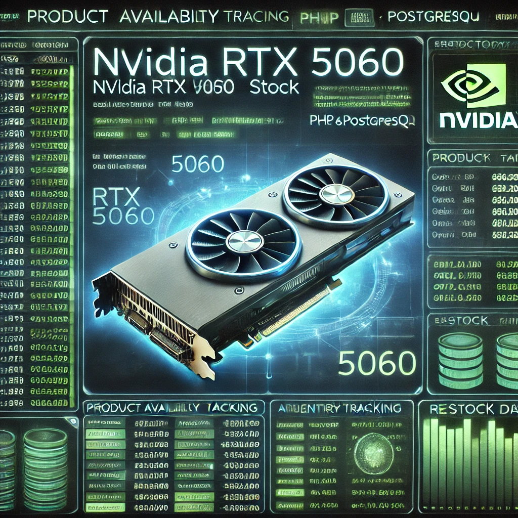 product availability tracking interface visualizing NVIDIA RTX 5060 stock on JW Computers using PHP and PostgreSQL. The glowing dashboard