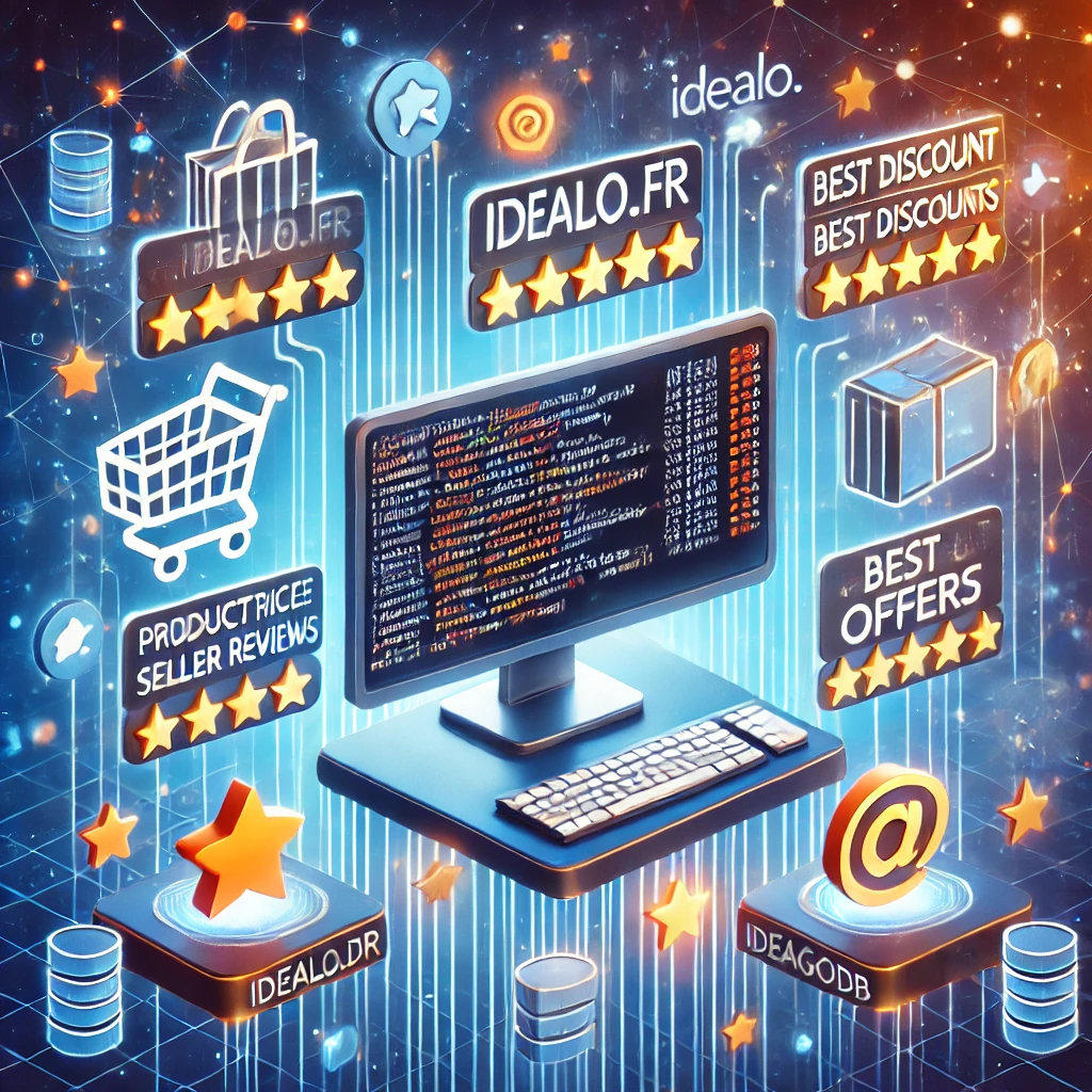 scraping from Idealo.fr using Rust and MongoDB. The image features a computer screen displaying Ru