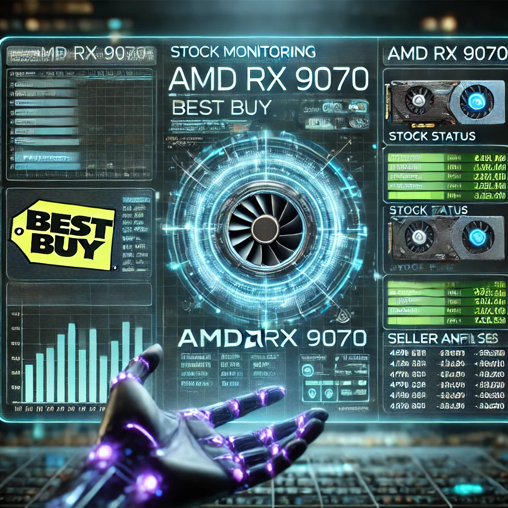 stock monitoring dashboard visualizing AMD RX 9070 availability on Best Buy using Python and Firebase. The glowing interface displays sto
