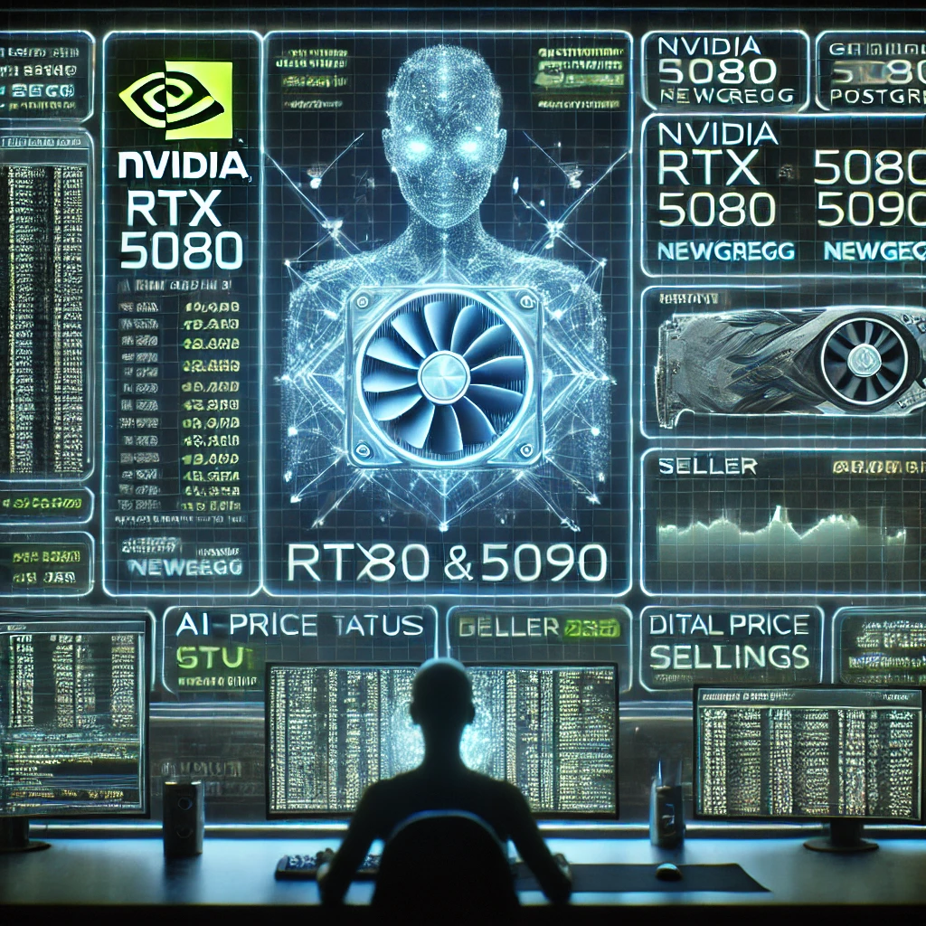 stock monitoring dashboard visualizing NVIDIA RTX 5080 and 5090 availability on Newegg using Python and PostgreSQL. The glowing interface