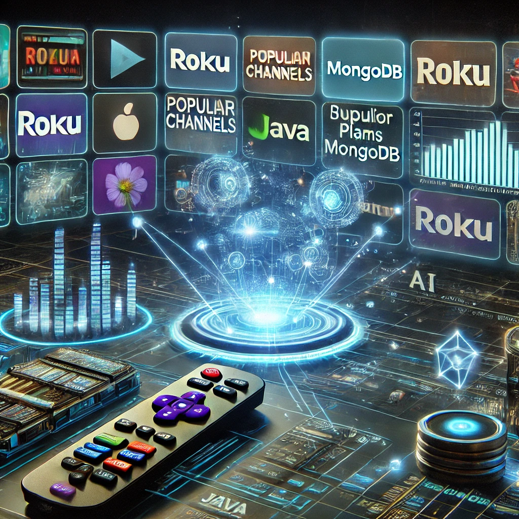 streaming trends from Roku using Java and MongoDB. The glowing interface displays popular channels s