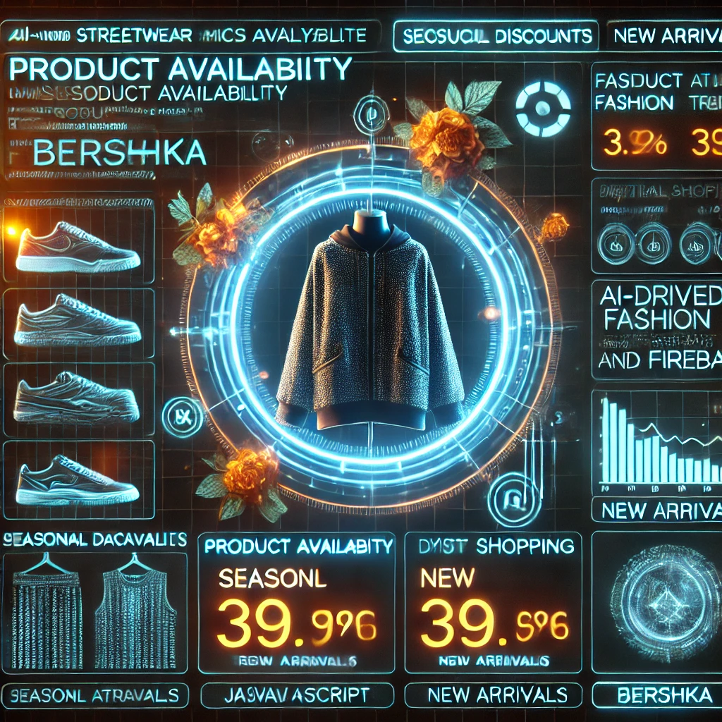 streetwear analytics dashboard visualizing product availability from Bershka using JavaScript and Firebase. The glowing interface display