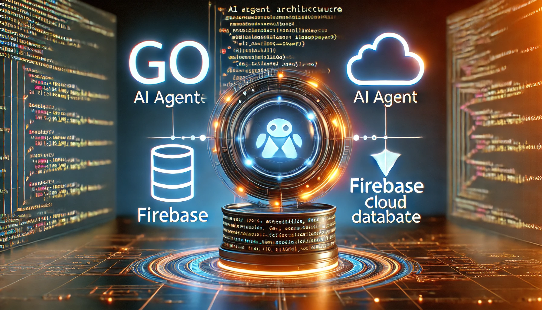 AI agent architecture in 1000 words with Go and Firebase. A futuristic display showcases Go code structur