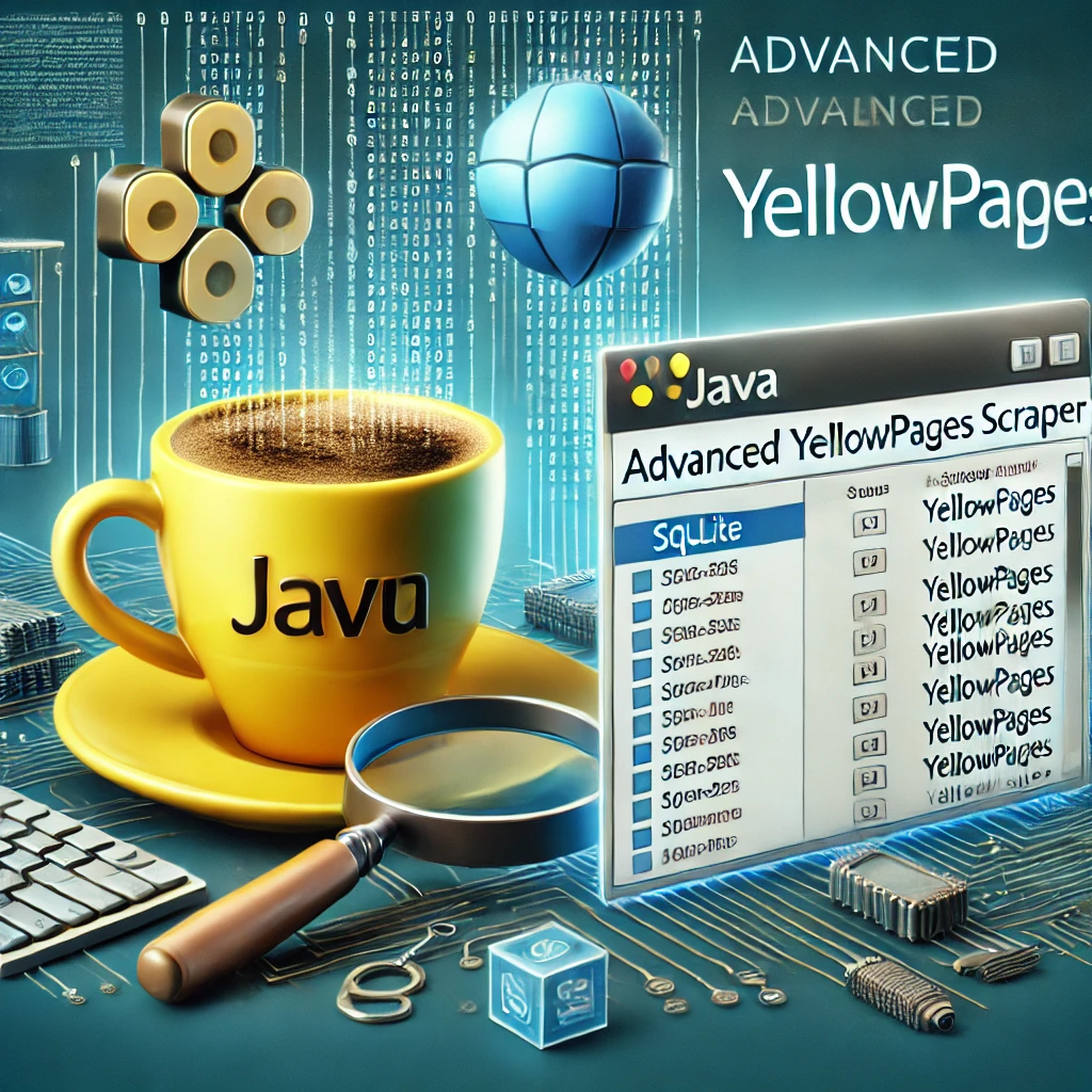 Advanced Yellowpages Scraper using Java and SQLite. The image includes elements such as a Java cof