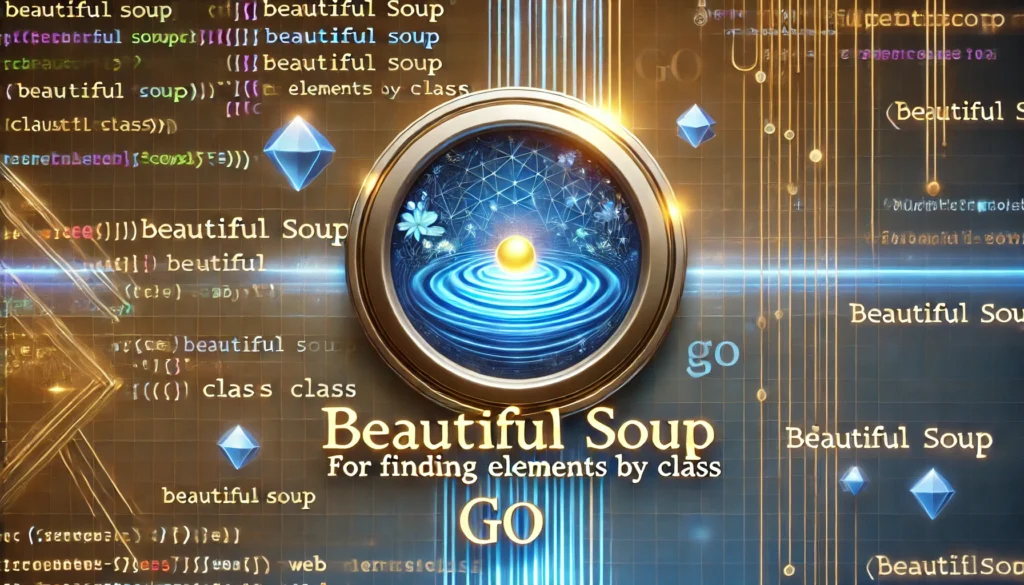 Beautiful Soup in Go for finding elements by class. A high-tech display showcases Go code using Beautif