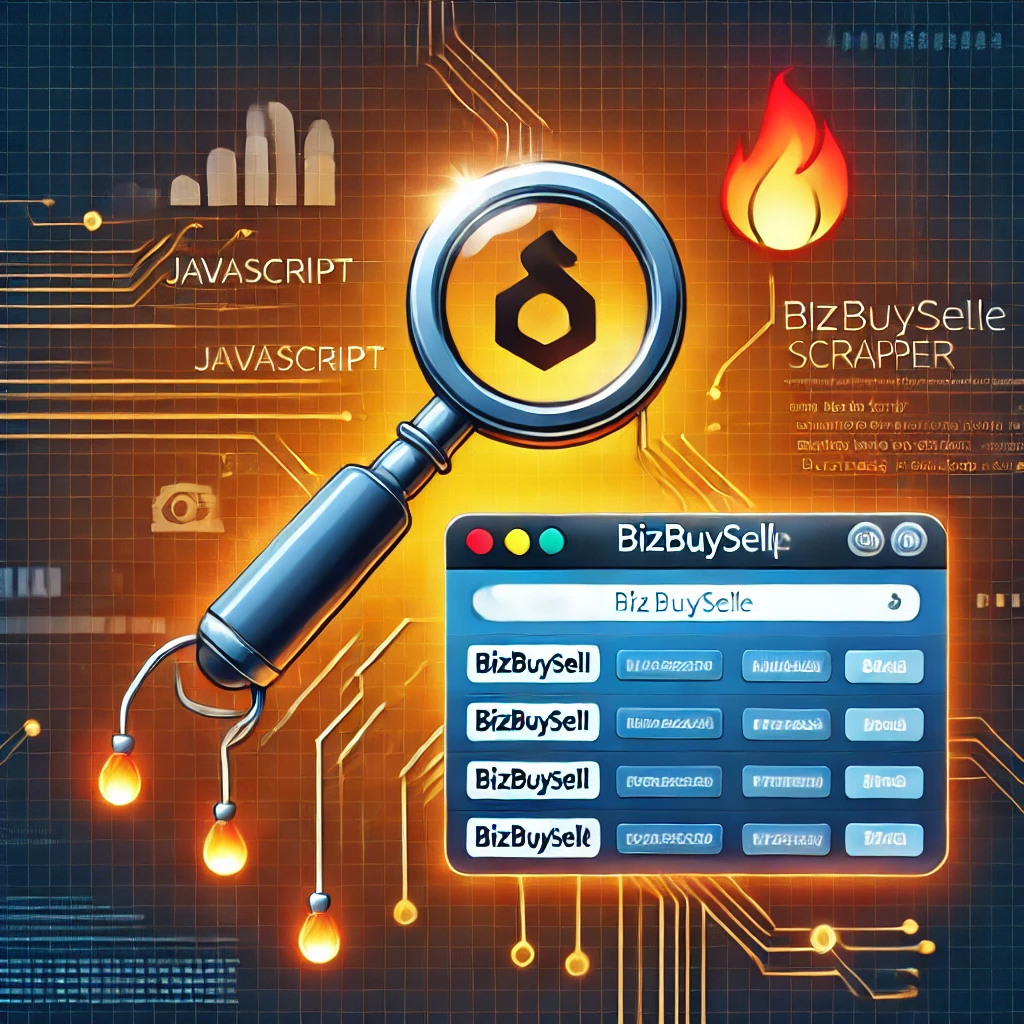 BizBuySell scraper using JavaScript and Firebase. The image includes elements such as a JavaScript