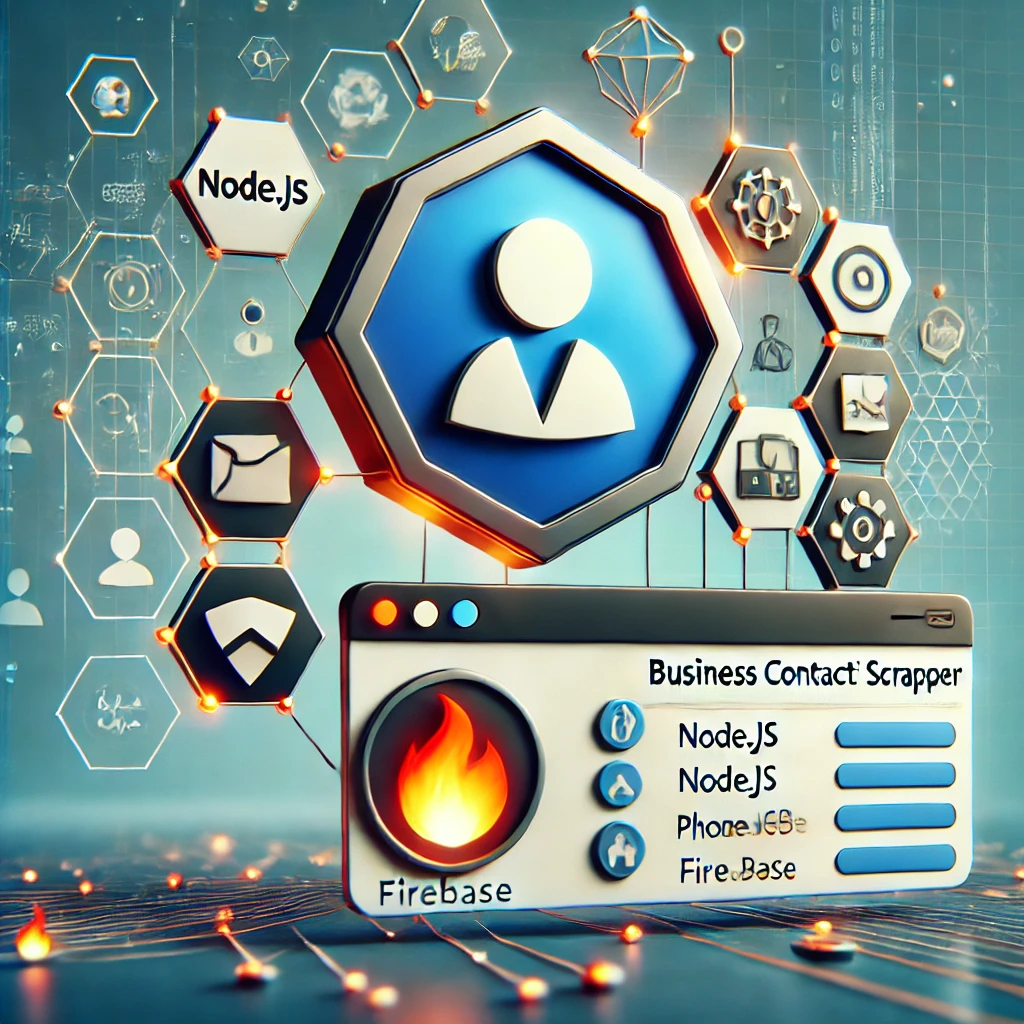 Business Contact Info Scraper with NodeJS and Firebase. The image includes elements such as a Node
