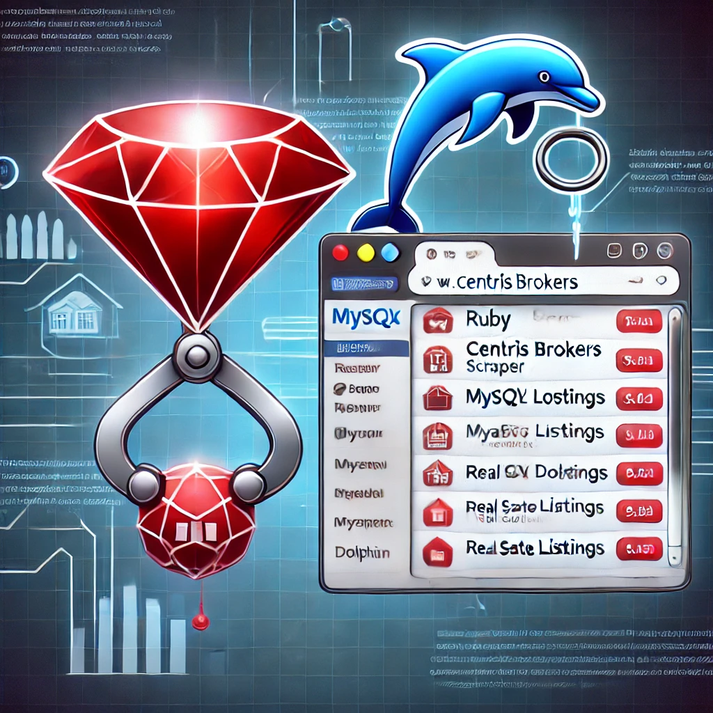 Centris Brokers scraper using Ruby and MySQL. The image includes elements such as a Ruby gemstone l