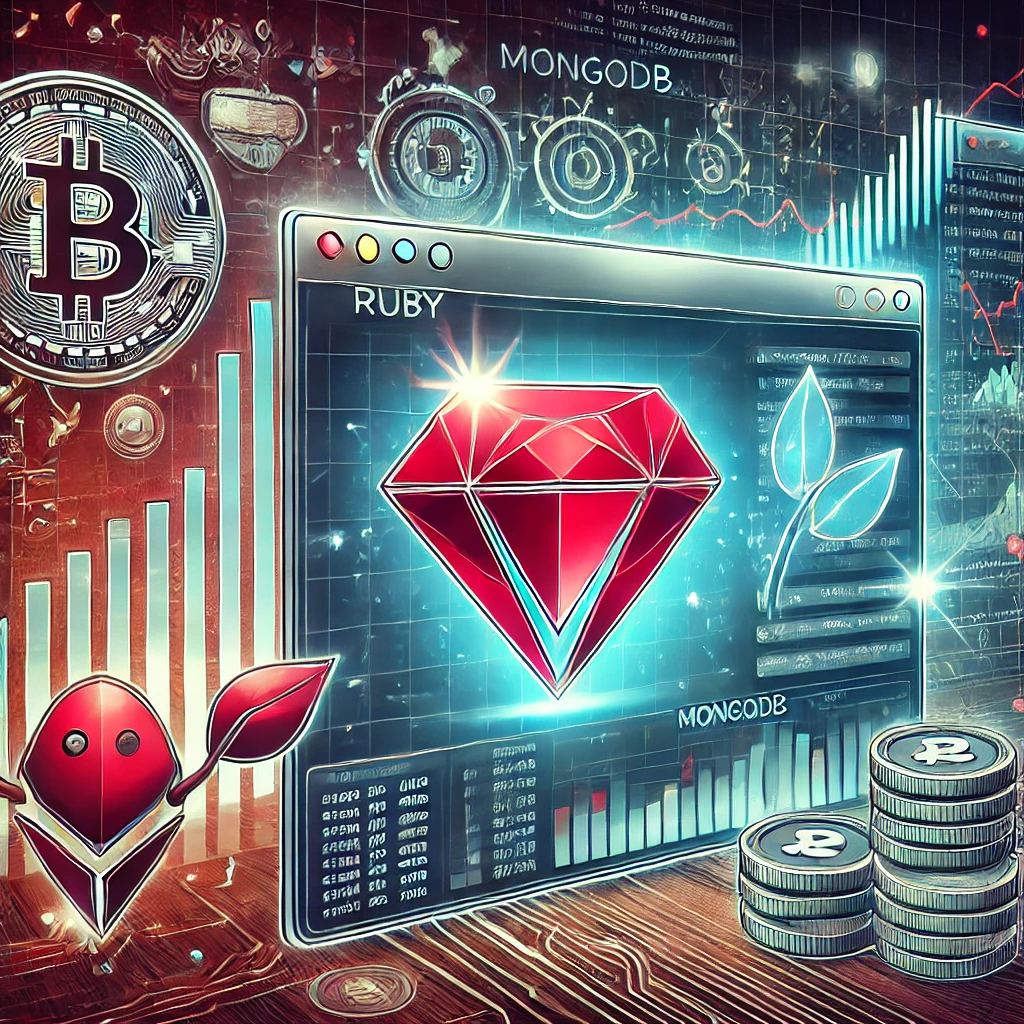 Crypto Scraper for real time market data using Ruby and MongoDB. The image includes elements such a