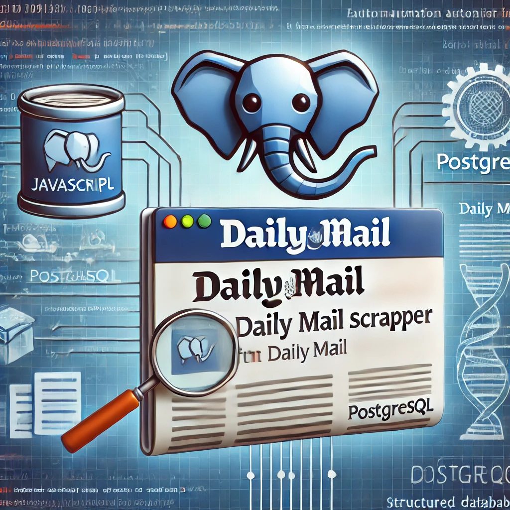Daily Mail Scraper with JavaScript and PostgreSQL. The image includes elements such as a JavaScript