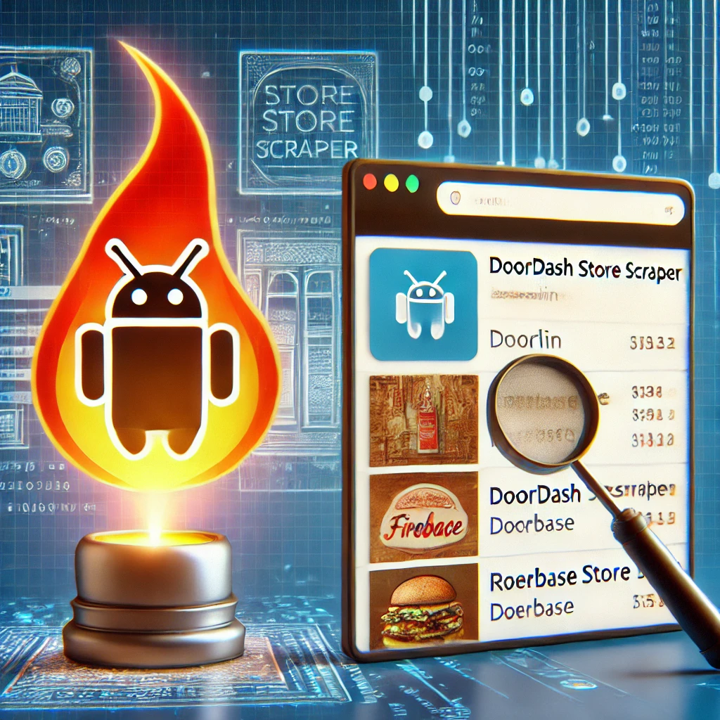 DoorDash Store scraper using Kotlin and Firebase. The image includes elements such as a Kotlin logo