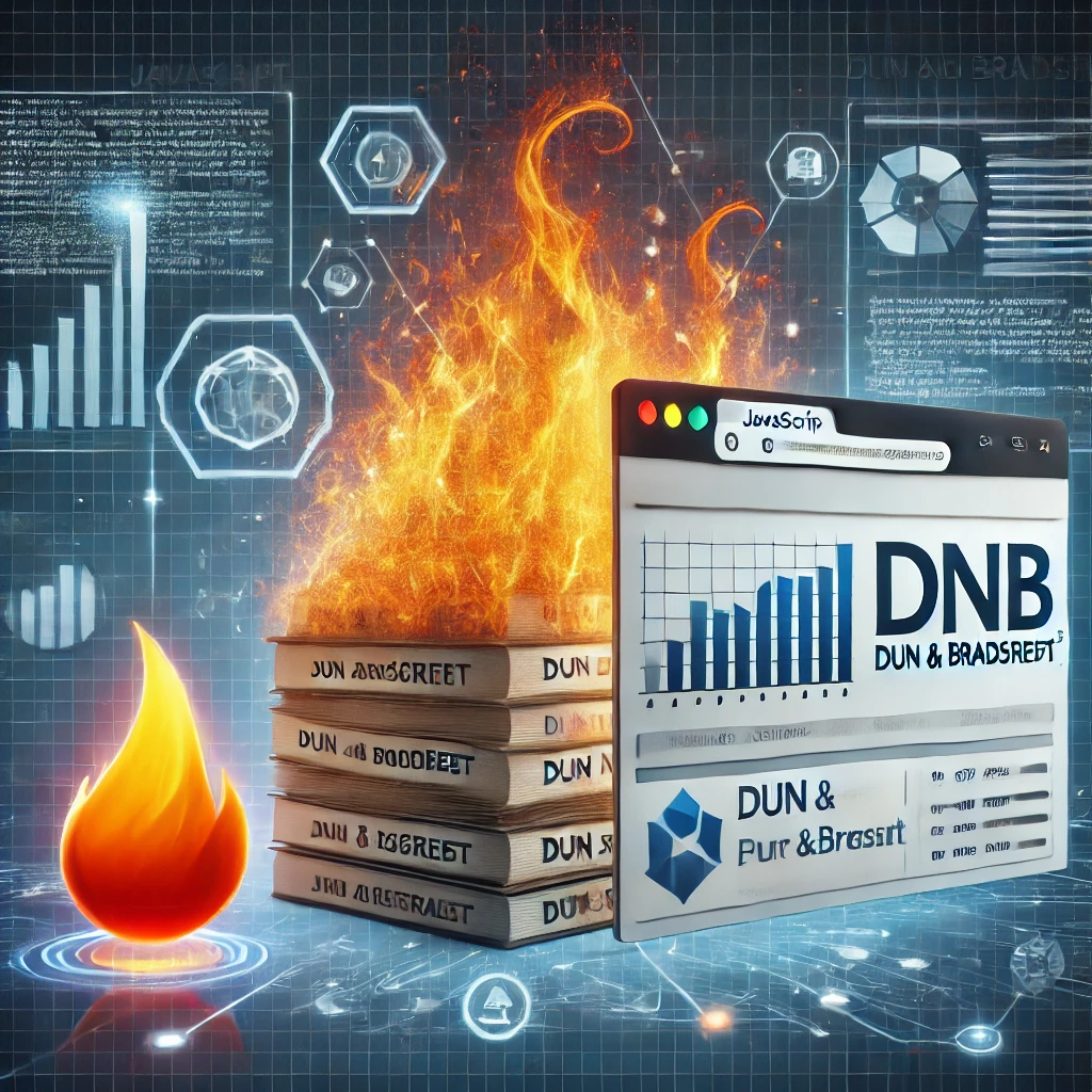 Dun and Bradstreet DNB Scraper using JavaScript and Firebase. The image includes elements such as