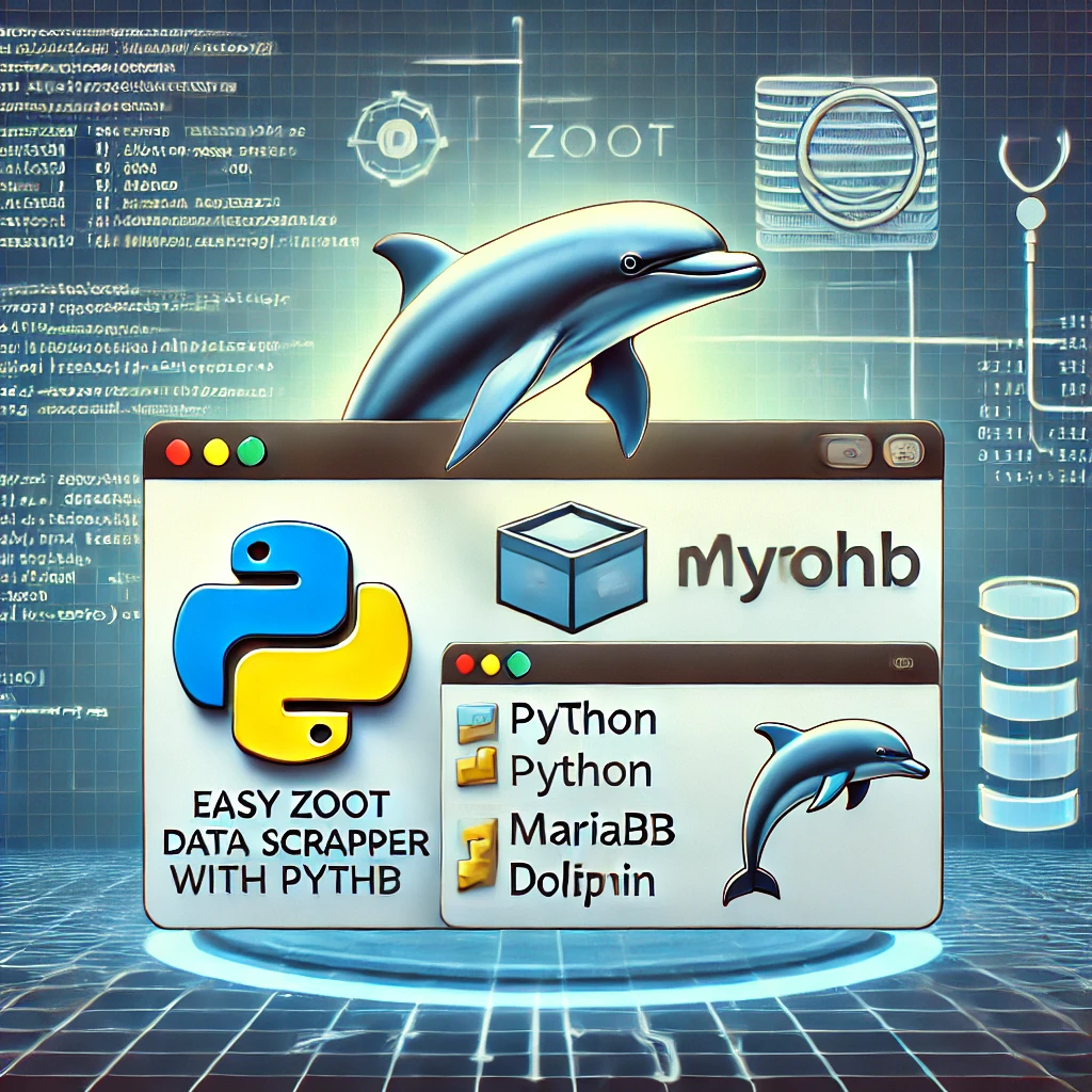 Easy Zoot Data Scraper with Python and MariaDB. The image includes elements such as a Python logo,