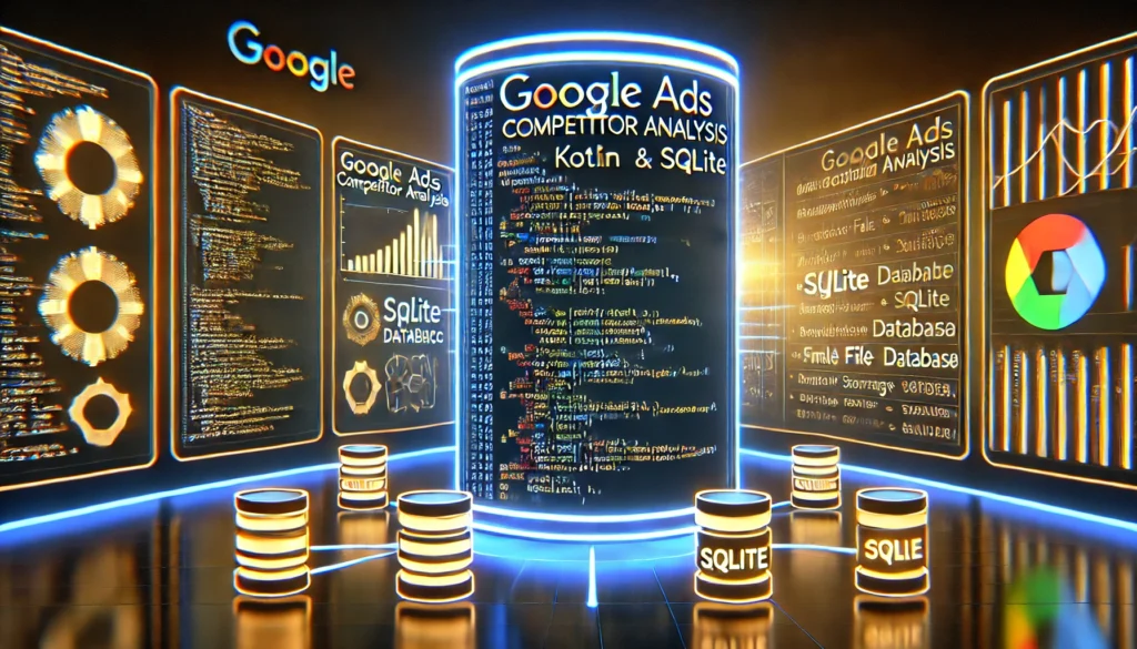 Google Ads competitor analysis using Kotlin and SQLite. A futuristic display showcases Kotlin code analy