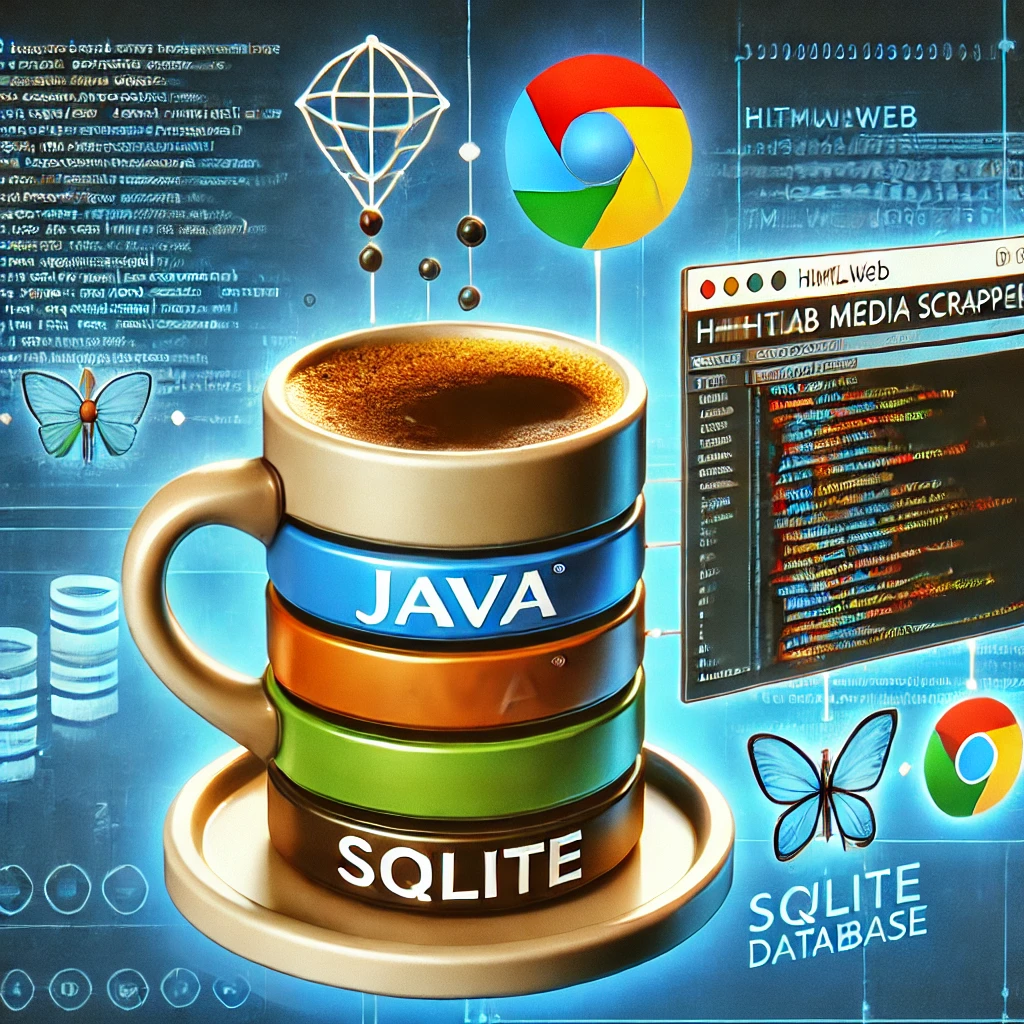HTMLWeb Media scraper using Java and SQLite. The image includes elements such as a Java coffee cup