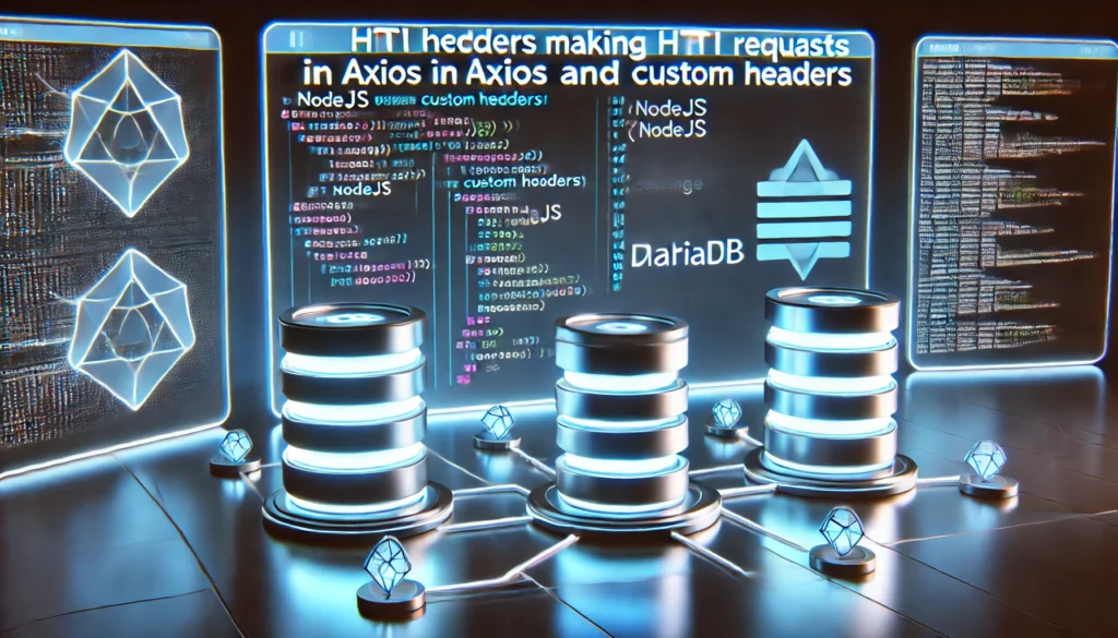 HTTP headers with Axios in NodeJS and MariaDB. A futuristic display showcases NodeJS code making HTTP requ