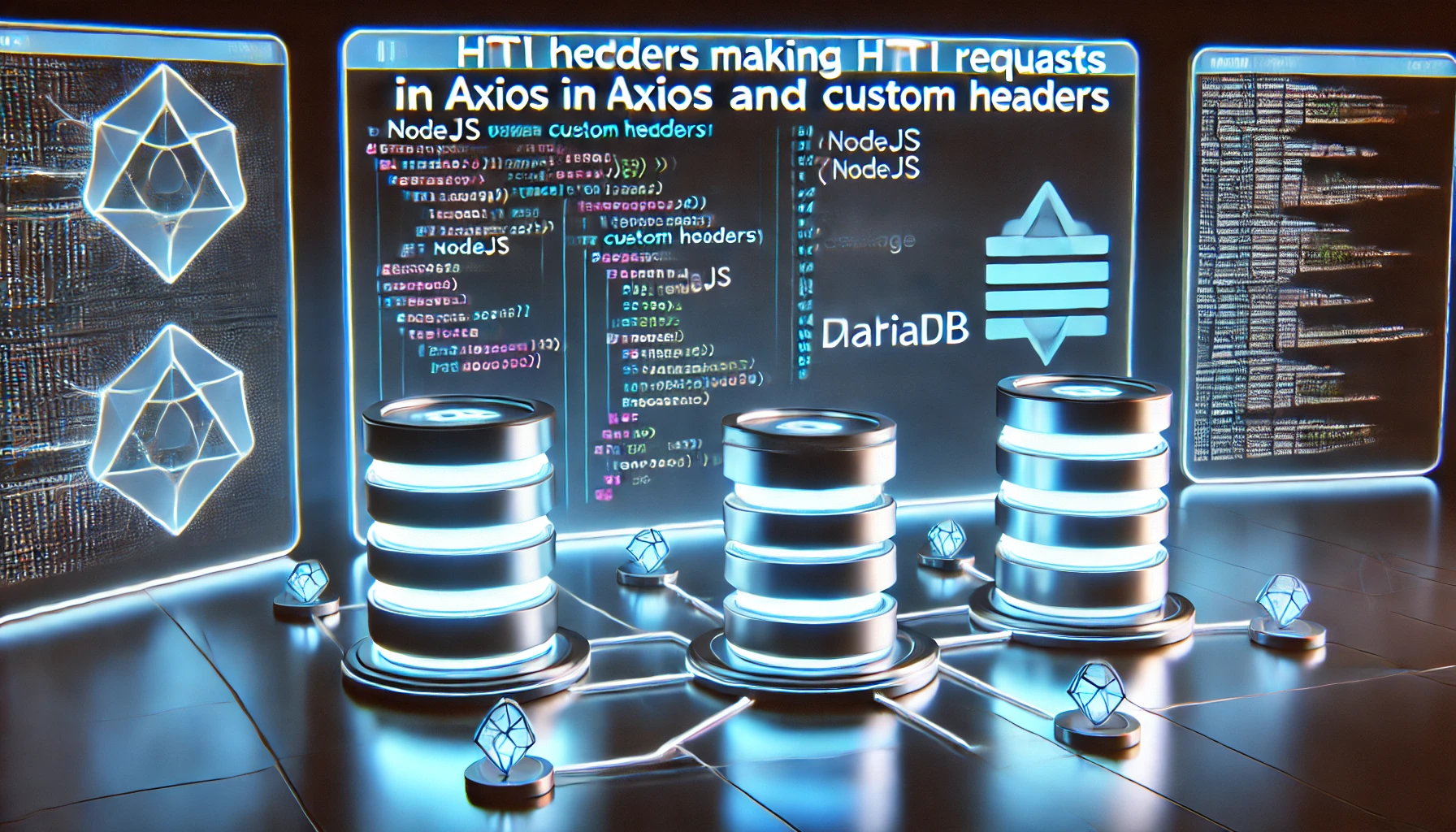 HTTP headers with Axios in NodeJS and MariaDB. A futuristic display showcases NodeJS code making HTTP requ