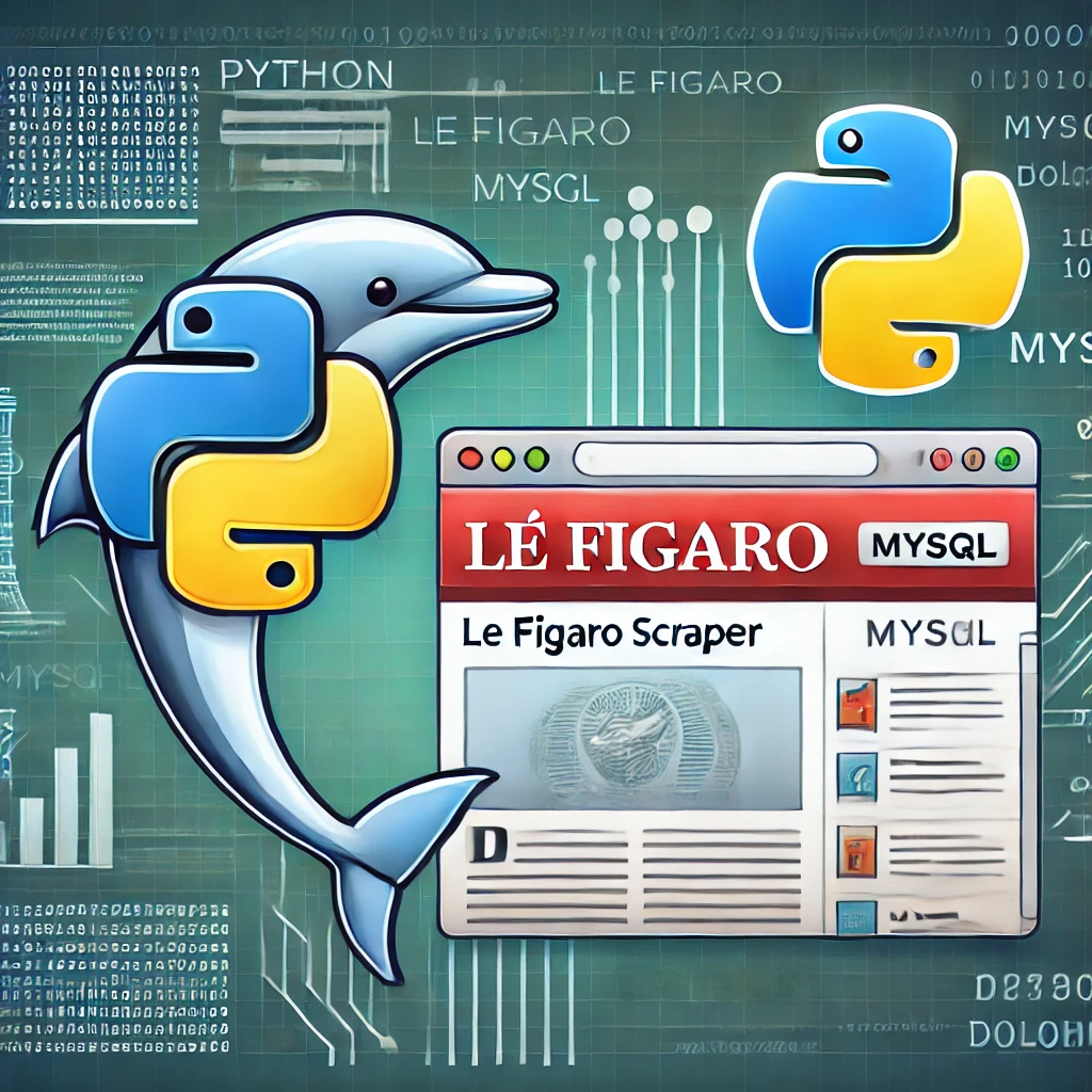 Le Figaro Scraper using Python and MySQL. The image includes elements such as a Python logo, MySQL