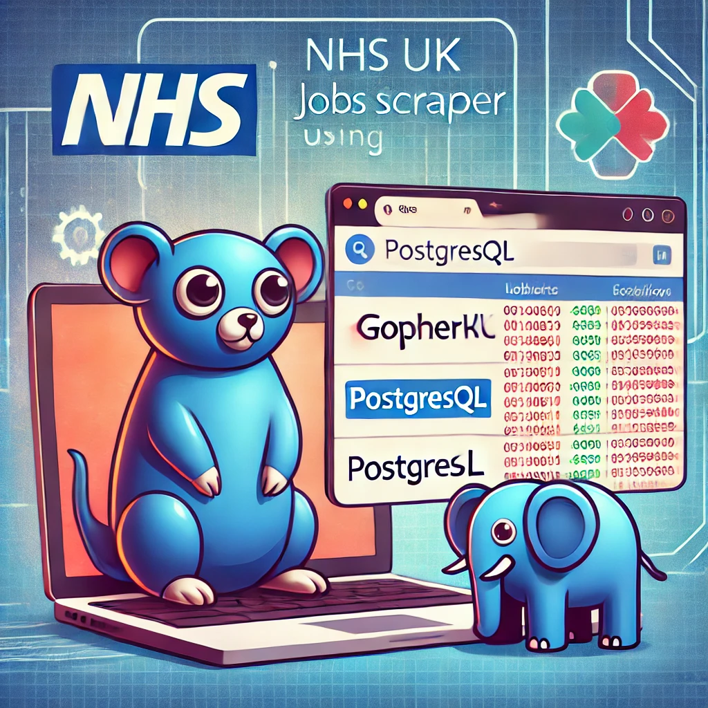 NHS UK Jobs scraper using Go and PostgreSQL. The image includes elements such as a Go gopher masco