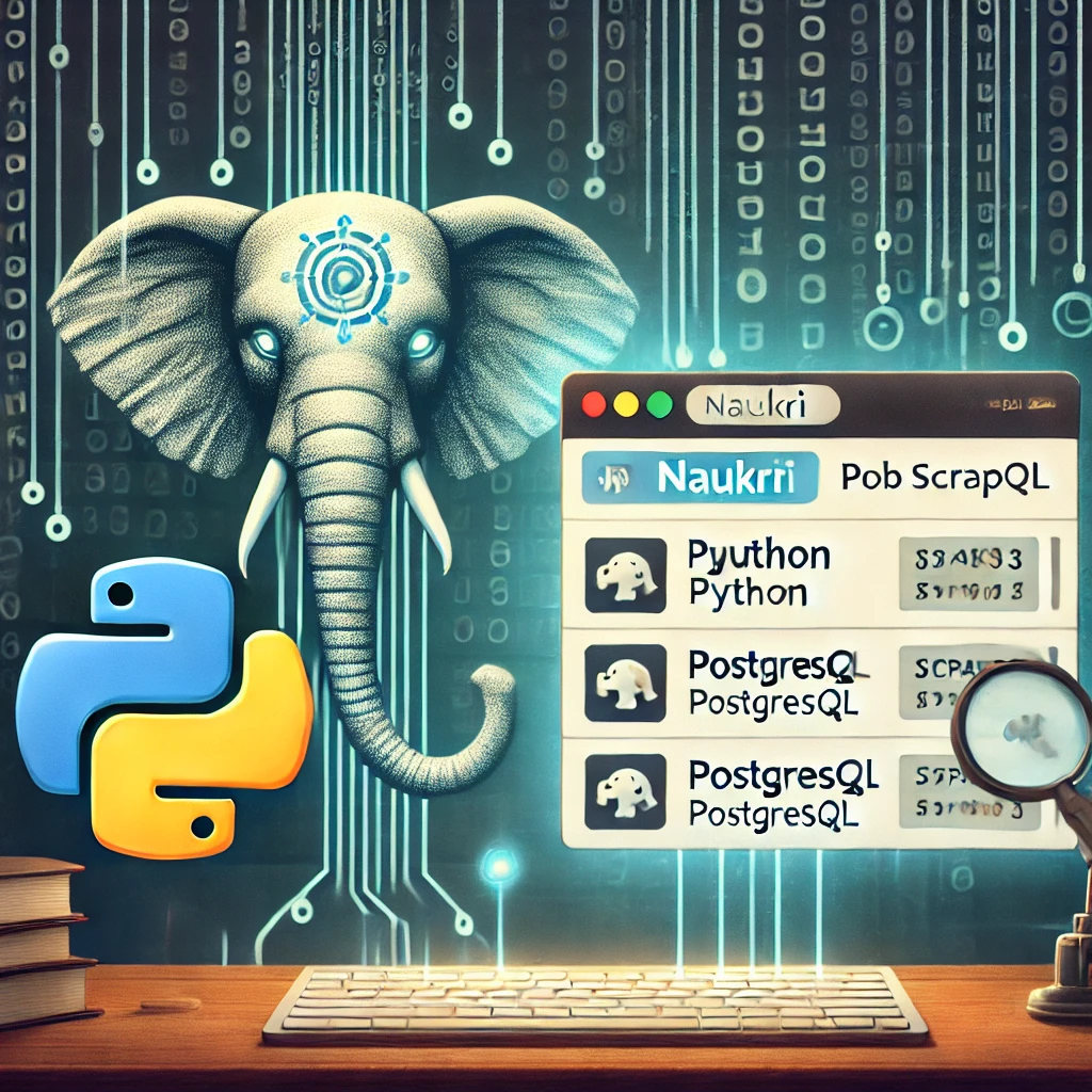 Naukri Job Scraper using Python and PostgreSQL. The image includes elements such as a Python logo