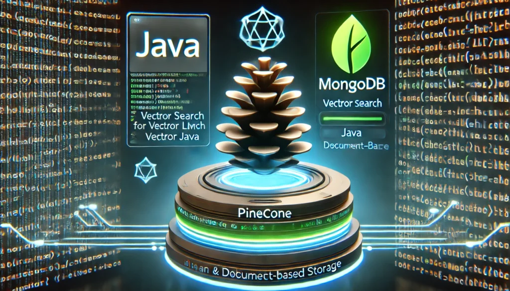 Pinecone and its use for LLMs with Java and MongoDB. A futuristic display showcases Java code interactin