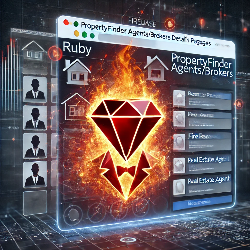 Propertyfinder Agents_Brokers details pages scraper using Ruby and Firebase. The image includes ele