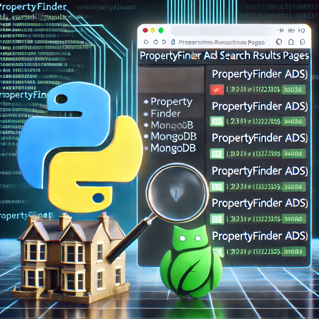 Propertyfinder ads search results pages scraper using Python and MongoDB. The image includes elemen