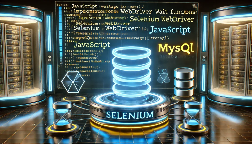Selenium waiting for a page to load using JavaScript and MySQL. A futuristic display showcases JavaScrip