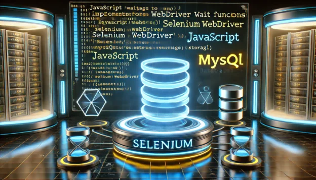 Selenium waiting for a page to load using JavaScript and MySQL. A futuristic display showcases JavaScrip