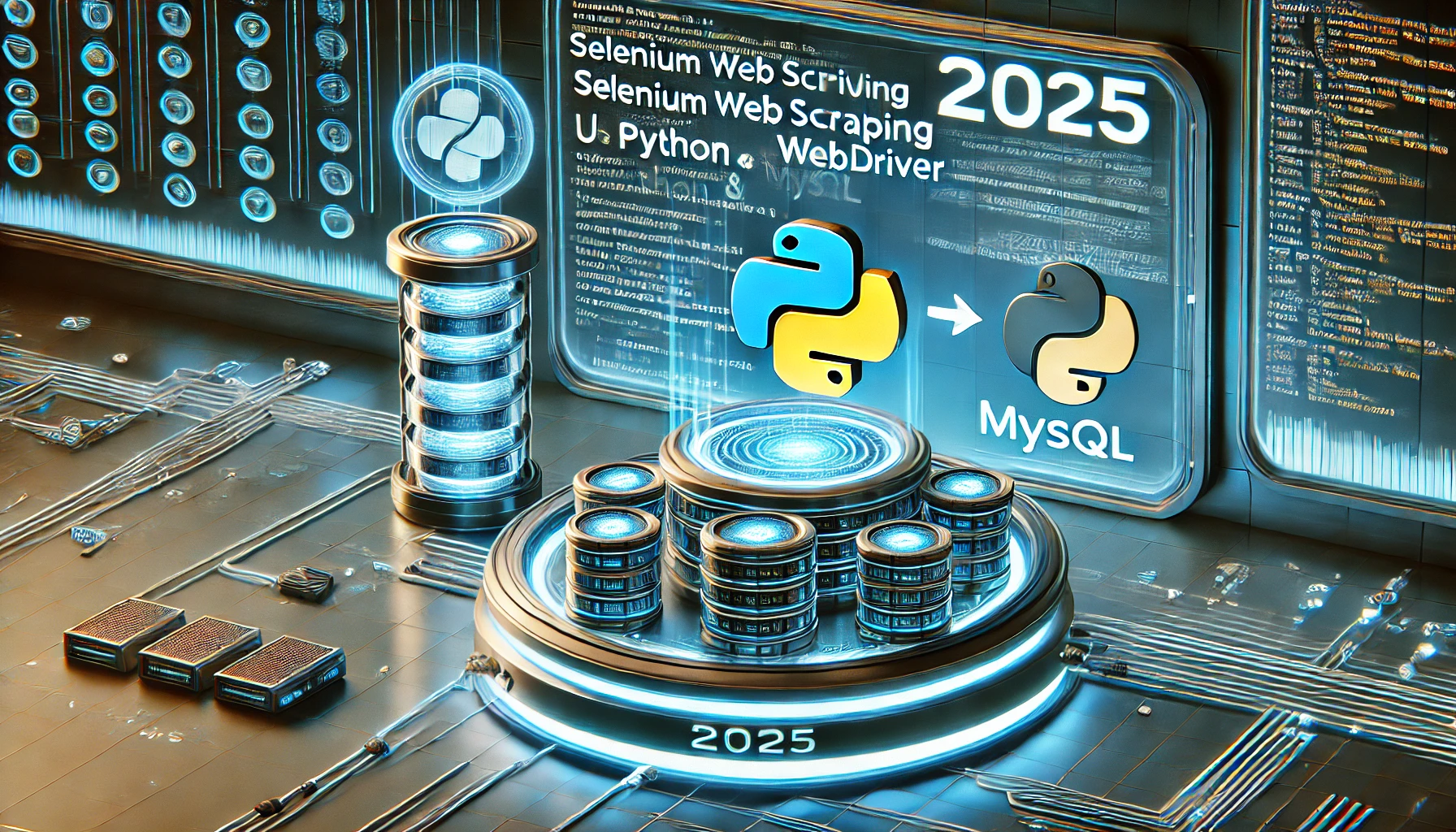 Selenium web scraping with Python and MySQL for 2025. A high tech display showcases Python code using S