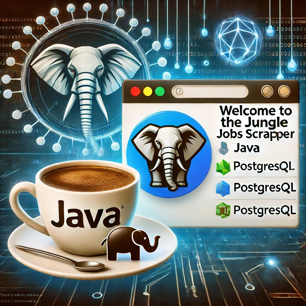 Welcome To The Jungle Jobs scraper using Java and PostgreSQL. The image includes elements such as a