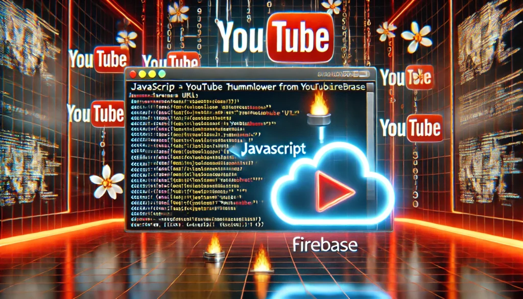 YouTube Thumbnail Downloader using JavaScript and Firebase. A futuristic display showcases JavaScript code extracti