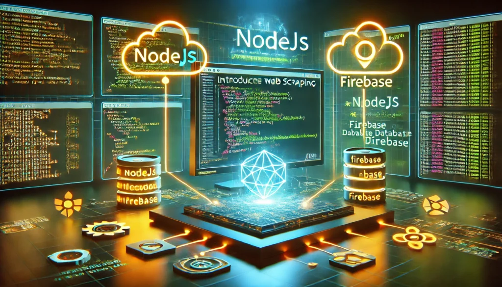 an introduction to web scraping with NodeJS and Firebase. A futuristic display showcases NodeJS code extrac