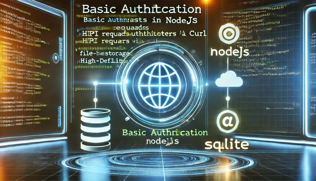basic authentication in cURL using NodeJS and SQLite. A futuristic display showcases NodeJS code making