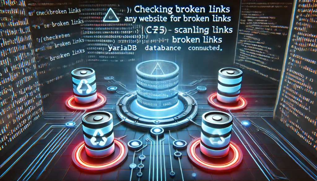 checking broken links on any website using C++ and MariaDB. A high-tech display showcases C++ code scan