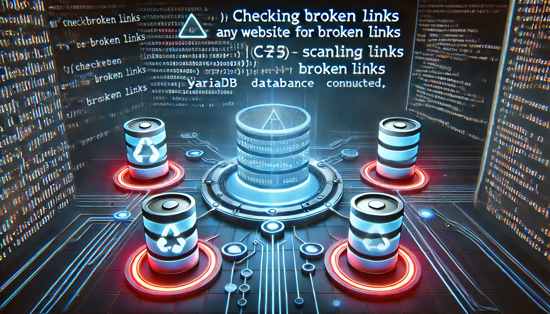 checking broken links on any website using C and MariaDB. A high tech display showcases C code scan