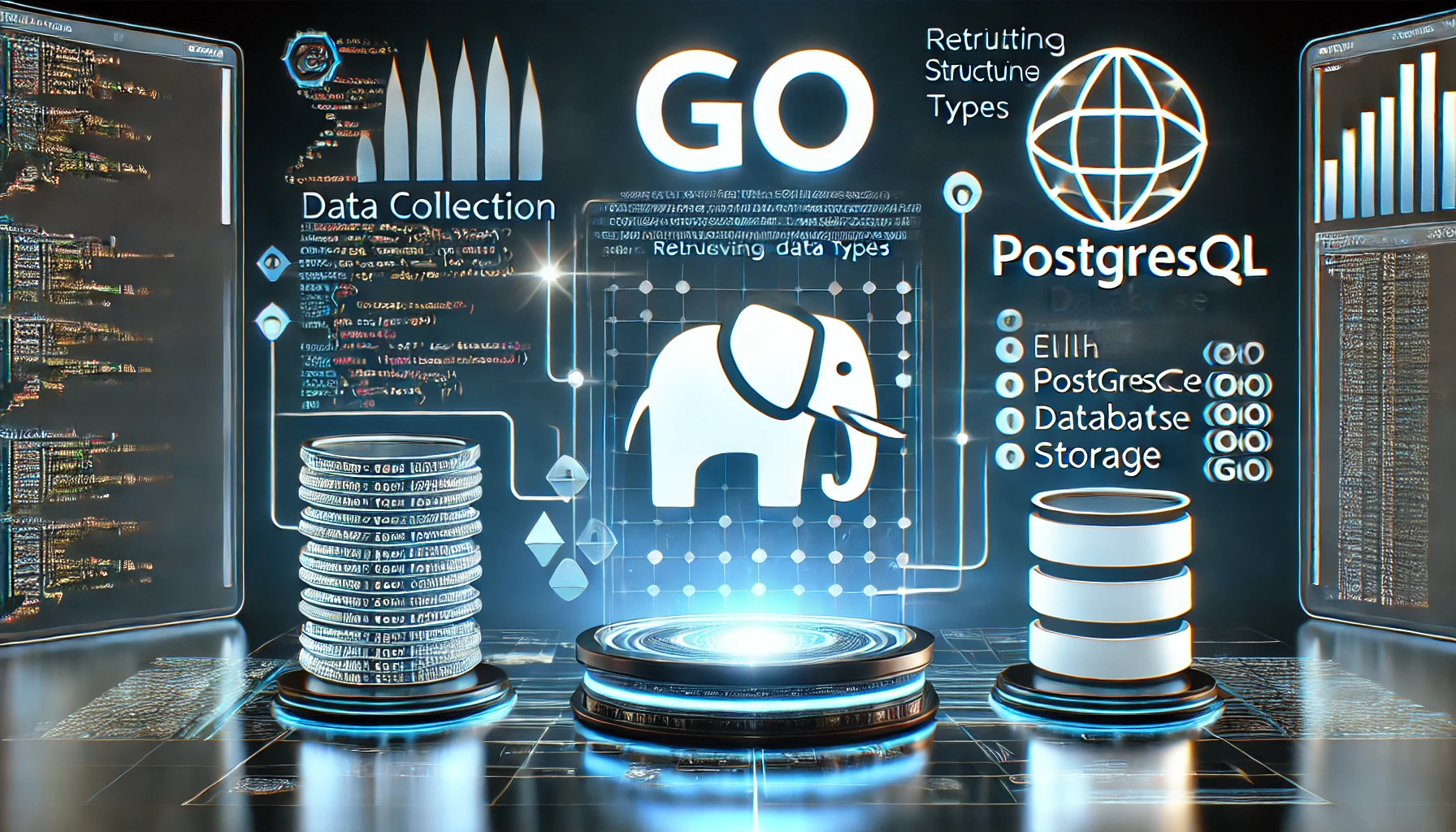 data collection with Go and PostgreSQL. A high tech display showcases Go code retrieving and structurin