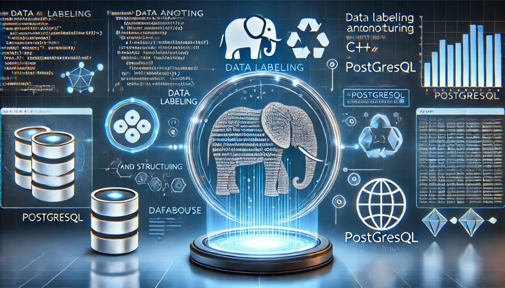 data labeling and how to do it with C++ and PostgreSQL. A futuristic display showcases C++ code annotating