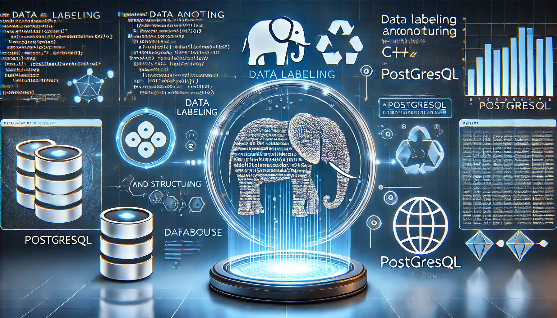 data labeling and how to do it with C and PostgreSQL. A futuristic display showcases C code annotating