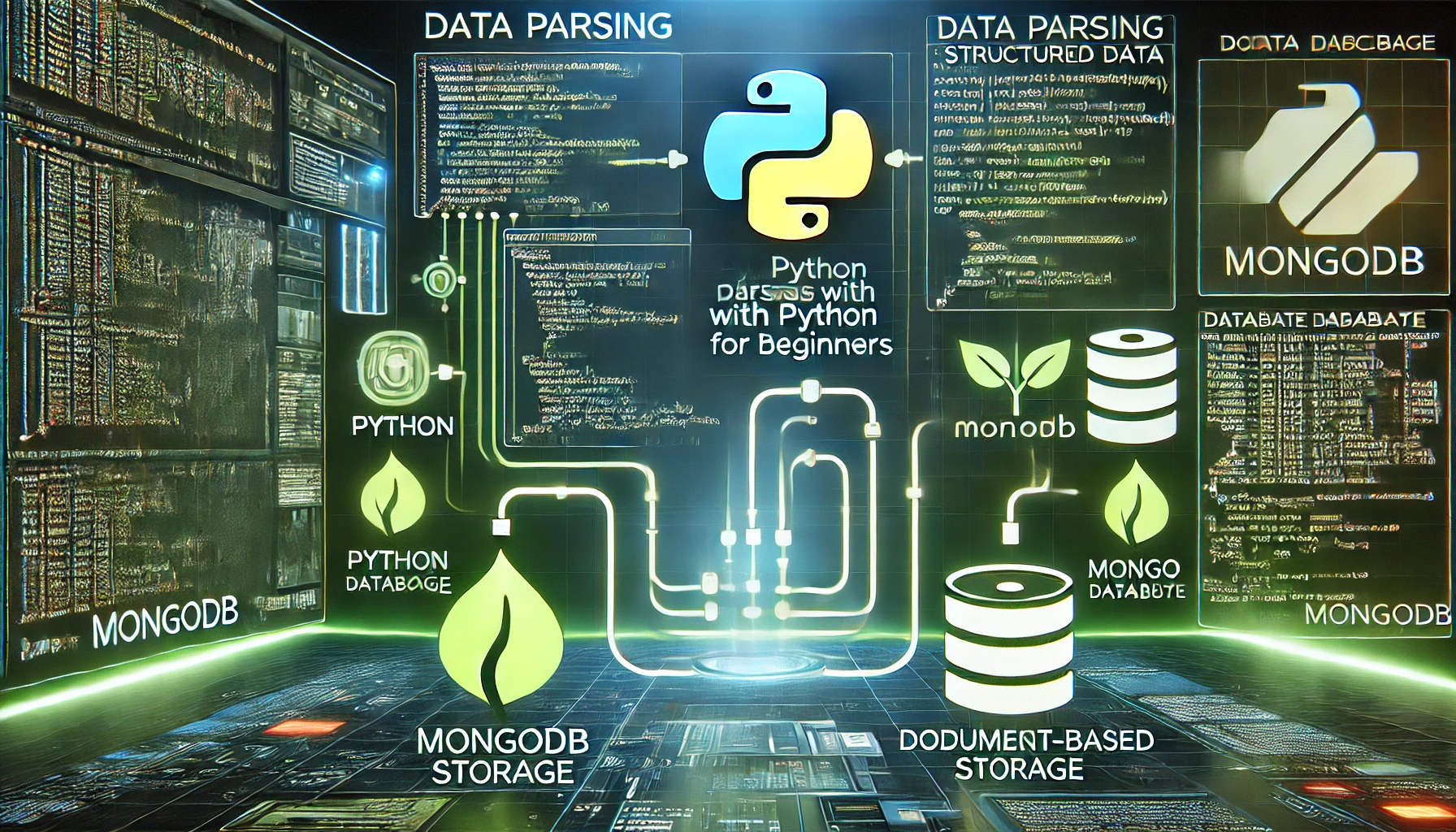 data parsing with Python and MongoDB for beginners. A high tech display showcases Python code parsing str