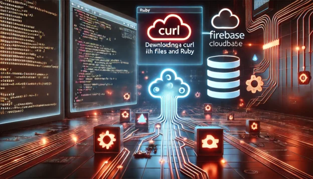 Downloading a File with cURL in Ruby and Firebase 4 downloading a file with cURL in Ruby and Firebase. A high-tech display showcases Ruby code using cURL t
